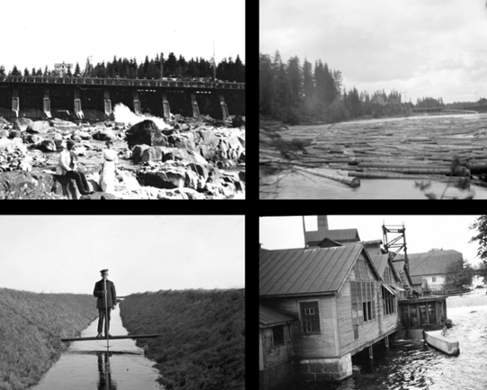 Bilder från tidigt 1900-tal, dike, torrlagd fors, industri och timmer.