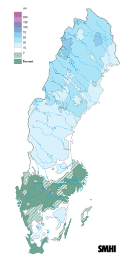 Sverigekarta som visar snödjupet den 15 december 2021