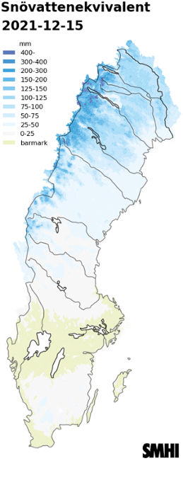 Karta över snötäckets beräknade vattenvärde 15 december 2021. 