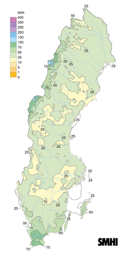 Sverigekarta som visar nederbördssumma under december 2021