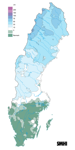 Sverigekarta som visar snödjupet den 31 december 2021