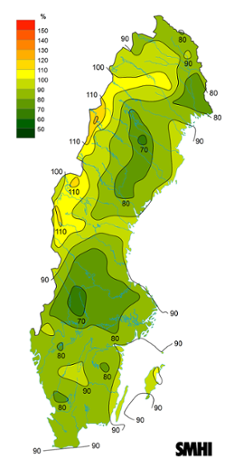 Sverigekarta som visar byvindens avvikelse från det normala (1996-2015) under december 2021