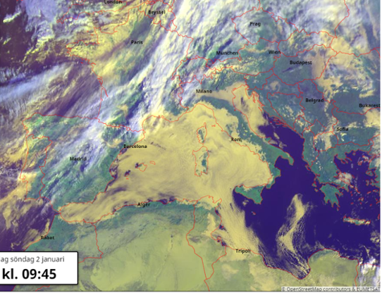 Bilden visar en satellitbild över Medelhavsområdet den 2 januari 2022