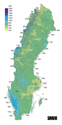 Sverigekarta över nederbördsumma i mm under året 2021 