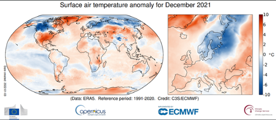 Bilden visar en karta över globala temperaturavvikelser i december 2021.