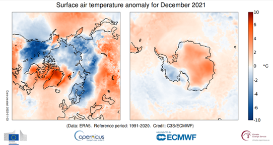 Bilden visar två kartor temperaturavvikelse i december i Arktis respektive Antarktis. 