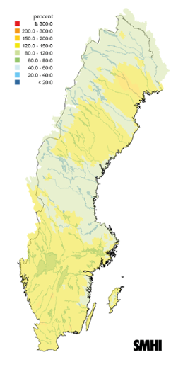 Karta över beräknade markvattenhalt i procent av den normala, 15 september 2011
