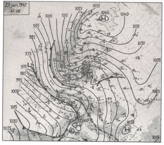 Rekonstruerad karta av väderläget på morgonen den 25 januari 1942.