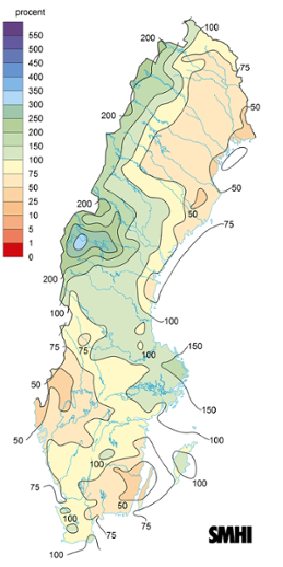 Sverigekarta som visar nederbördens avvikelse från det normala under januari 2022