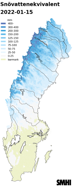 Karta över snötäckets beräknade vattenvärde 15 januari 2022 