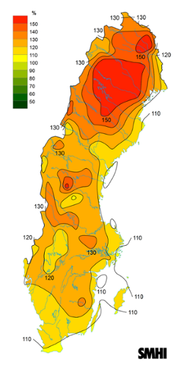 Sverigekarta som visar byvindens avvikelse från det normala (1996-2015) under januari 2022