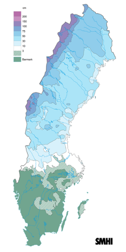 Sverigekarta som visar snödjupet den 31 januari 2022