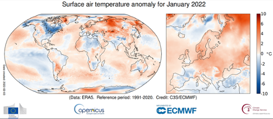 Bilden visar en världskarta med temperaturens avvikelse från det normala i januari 2022. 