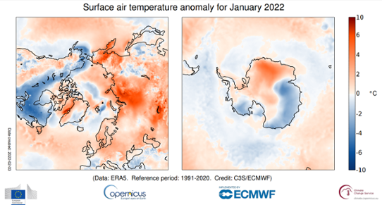 Bilden visar en karta med temperaturens avvikelse från det normala i polartrakterna i januari 2022.