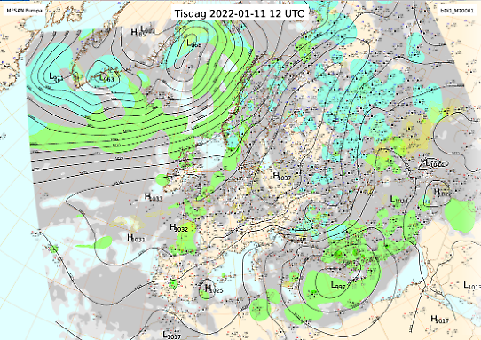 Bilden visar en väderanalys från den 11 januari 2022 med lågtrycket Diomidis i östra Medelhavet..