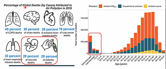 Illustration och diagram som visar den globala andelen dödsfall som kan relateras till luftföroreningar
