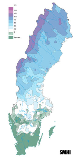 Sverigekarta som visar snödjupet den 28 februari 2022