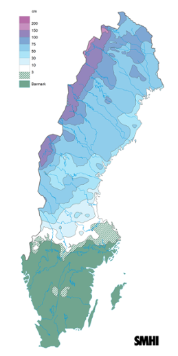 Sverigekarta som visar snödjupet den 15 februari 2022