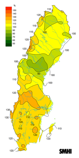 Sverigekarta som visar byvindens avvikelse från det normala (1996-2015) under februari 2022