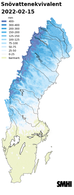 Karta över snötäckets beräknade vattenvärde 15 februari 2022 