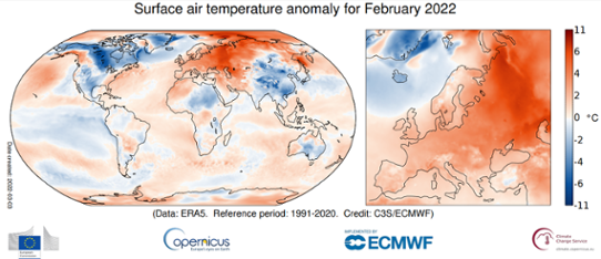 Bilden visar en världskarta med temperaturens avvikelse från det normala i februari 2022