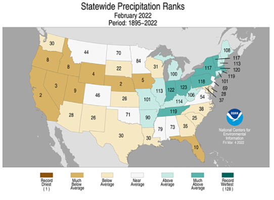 Bilden visar en karta med ranking av nederbörden i februari 2022 för varje amerikansk delstat.