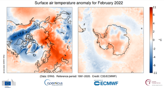Bilden visar en karta med temperaturens avvikelse från det normala i polartrakterna i februari 2022.