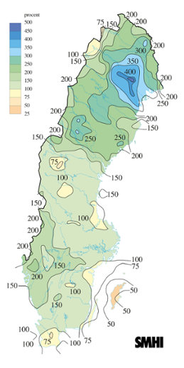 Karta över nederbörd i procent av det normala under september 2011