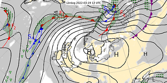 Bilden visar en analys av väderläget klockan 13 den 19 mars 2022.