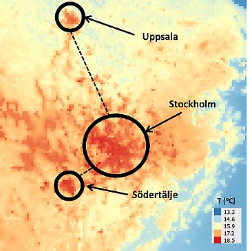 Karta som visar rödare färgtoner, en värmeö, över Stockholm och andra tätorter