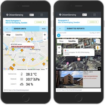 Mobiltelefon med appen CitizenSensing på skärmen