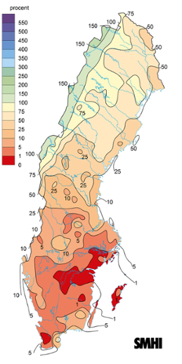 Sverigekarta som visar nederbördens avvikelse från det normala under mars 2022