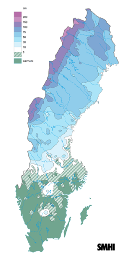 Sverigekarta som visar snödjupet den 15 mars 2022