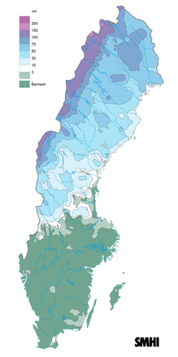 Sverigekarta som visar snödjupet den 31 mars 2022