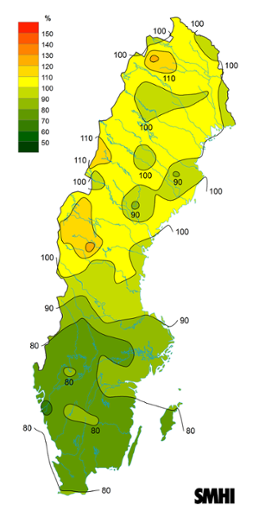 Sverigekarta som visar byvindens avvikelse från det normala (1996-2015) under mars 2022