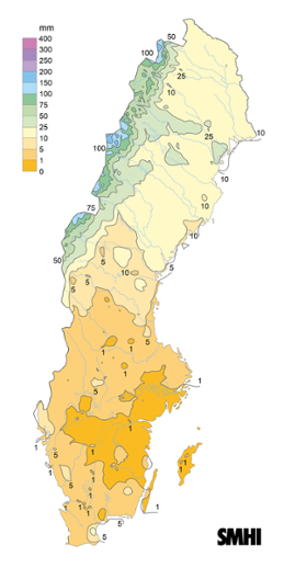 Sverigekarta som visar nederbördssumma under mars 2022