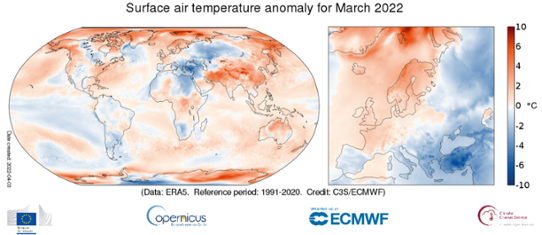 Global temperaturanomali (vänster bild) i mars 2022 samt för Europa (höger bild).