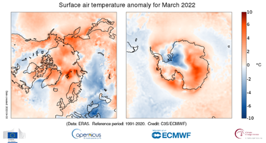 Temperaturavvikelse i mars 2022 för Arktis (vänster bild) och Antarktis (höger bild) relativt normalperioden 1991-2020.