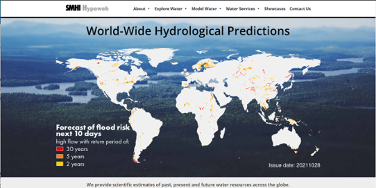 Skärmbild från Hypeweb där man ser en världskarta som visar prognos för översvämningsrisk.