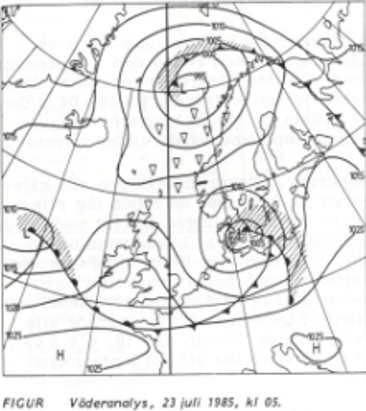 Bilden visar en analys av väderläget på morgonen den 23 juli 1985.