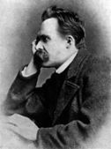 Svartvitt porträtt av Friedrich Nietzsche.