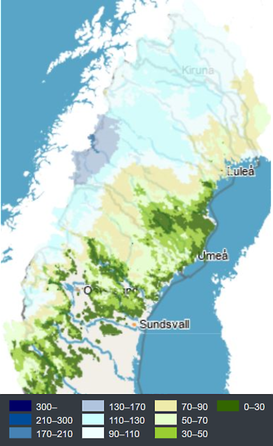 En karta över Sverige som visar i olika färgskalor att det finns mer snö än normalt i fjällkendjan och norra Norrland. Inlandet och kusten har istället mindre snö än normalt.