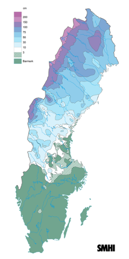 Sverigekarta som visar snödjupet den 15 april 2022