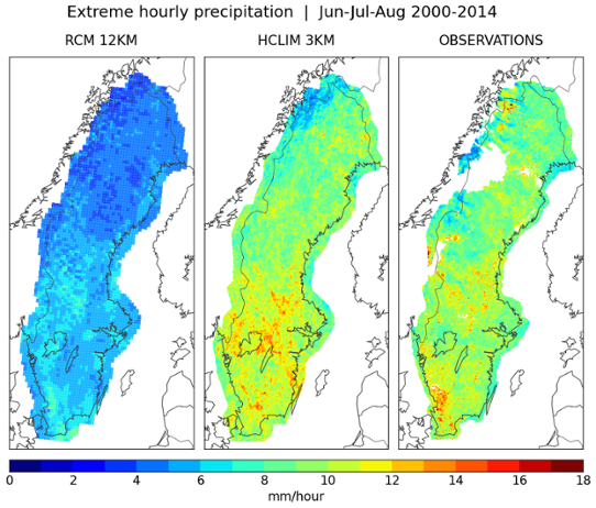 Map of Sweden that show the intensity of extreme hourly summer precipitation in a currently available RCM-modell, HCLIM-AROME-modell and HIPRAD observations. The RCM show less millimeter per hour than the other maps.