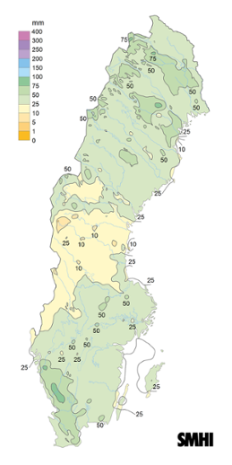Sverigekarta som visar nederbördssumma under april 2022