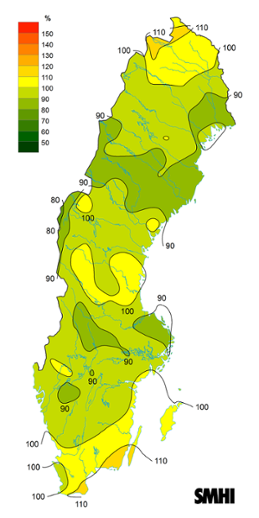 Sverigekarta som visar byvindens avvikelse från det normala (1996-2015) under april 2022