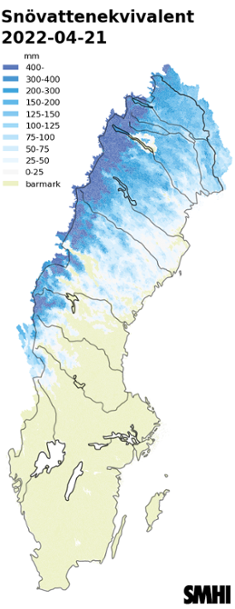 Karta över snötäckets beräknade vattenvärde 21 april 2022 