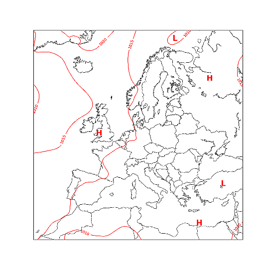 Bilden visar en karta med medellufttrycket över Europa i april 2022.