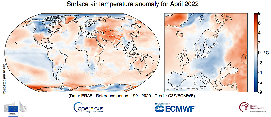 Bilden visar en världskarta med temperaturens avvikelse från det normala i april 2022