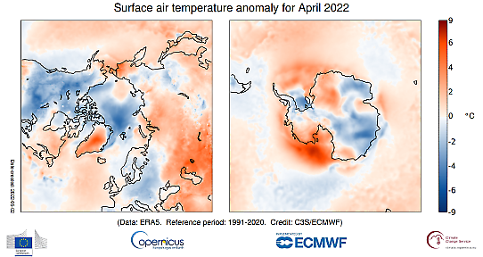 Bilden visar en karta med temperaturens avvikelse från det normala i polartrakterna i april 2022.